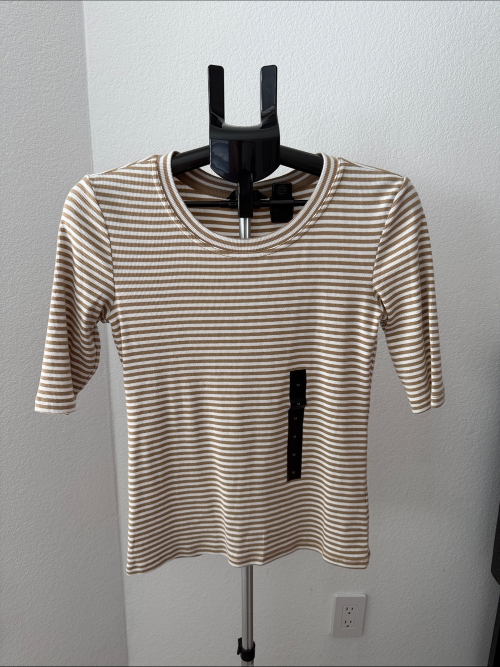 Banana Republic Factory Beige and White Striped Short Sleeve Top